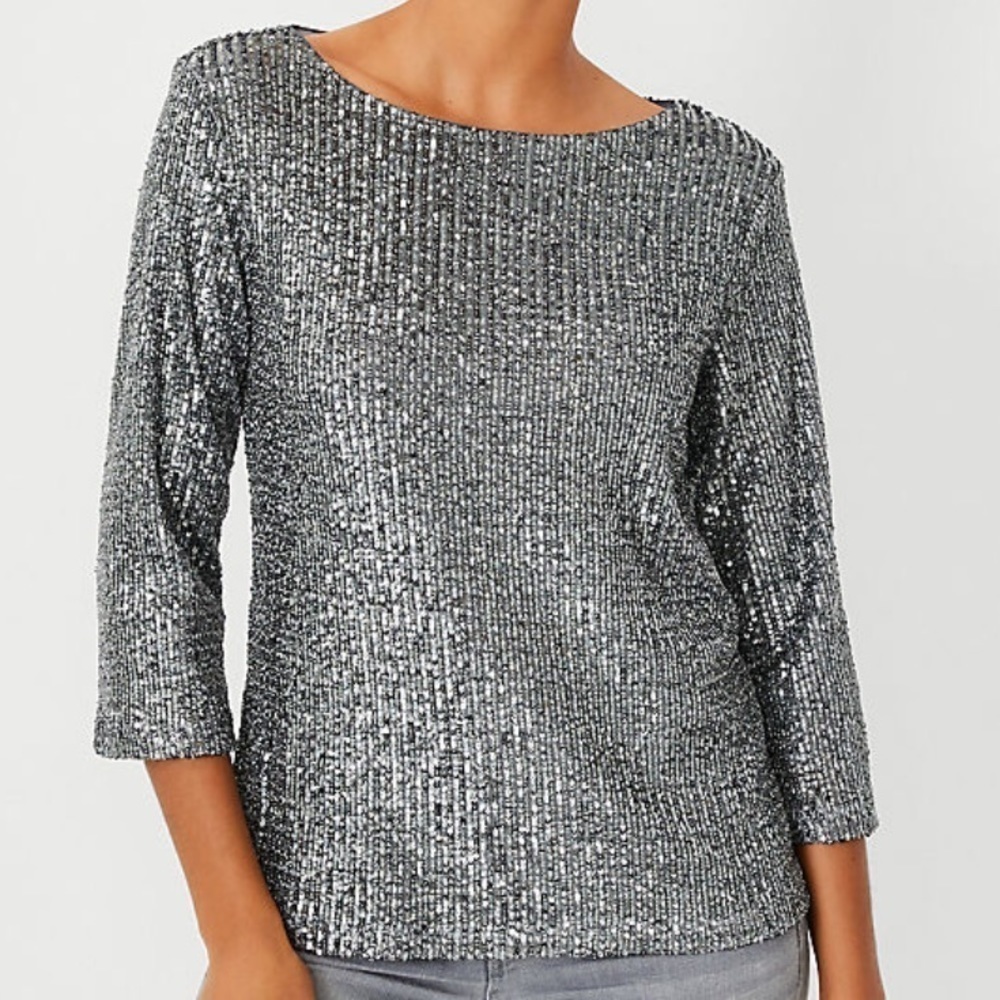 Ann Taylor Sequin 3/4 Sleeve Top Silver M
